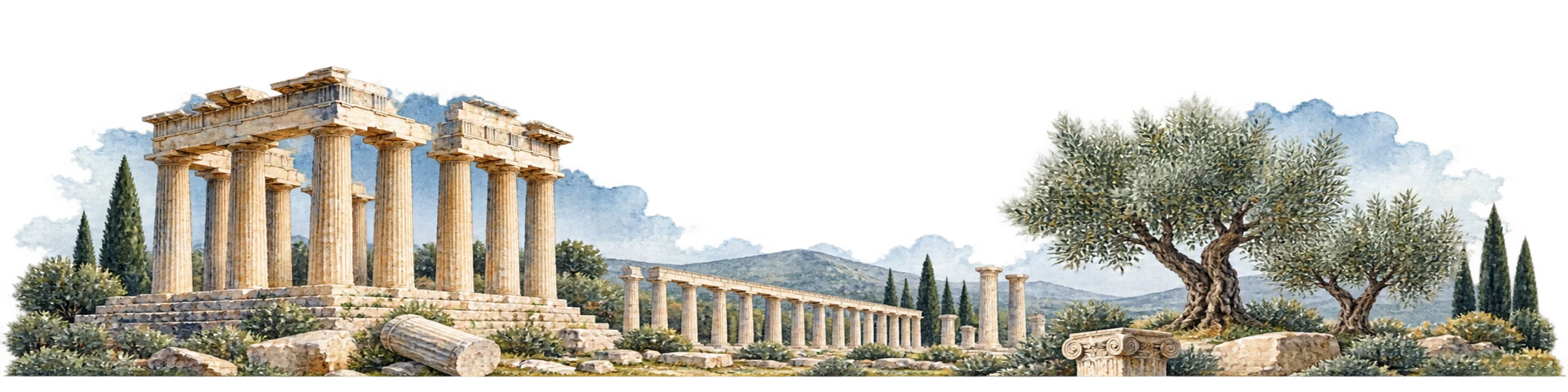 Ruinas de un santuario griego sobre una colina, con columnas caídas, olivos y cipreses, en acuarela