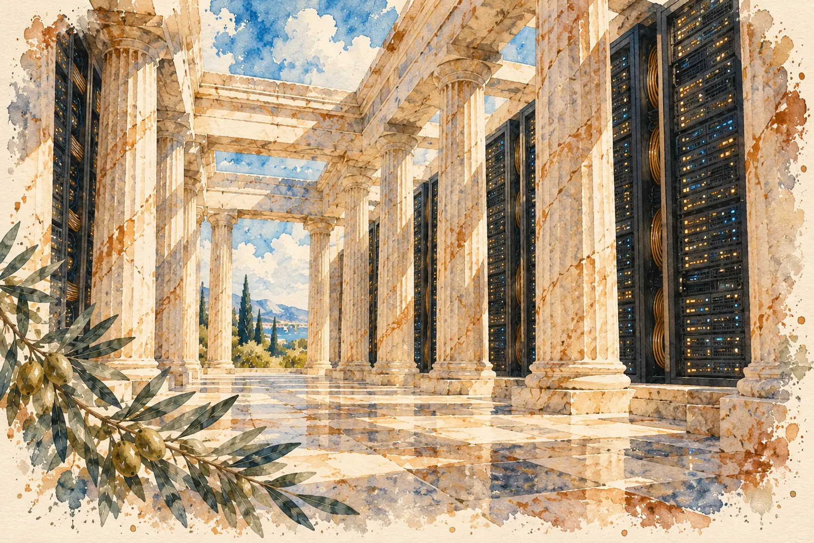 Acuarela: un templo dórico con racks de servidores entre sus columnas