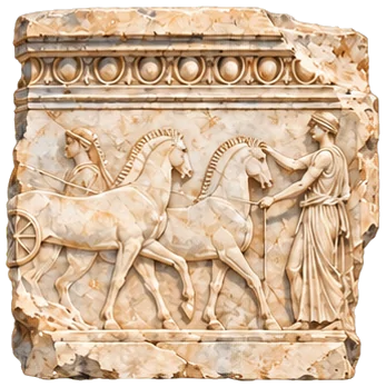 Relieve de mármol con una cuadriga y caballos al galope, en acuarela