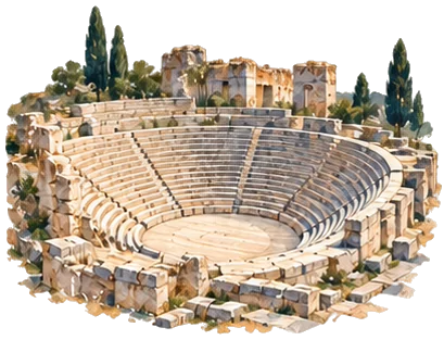 Teatro griego en ruinas visto desde arriba, rodeado de cipreses, en acuarela